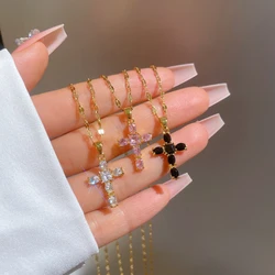 Stainless Steel Full of Crystal Cross Pendant Necklace for Women Men Personality Design Zircon Chokers Jewelry Colorfast Gift