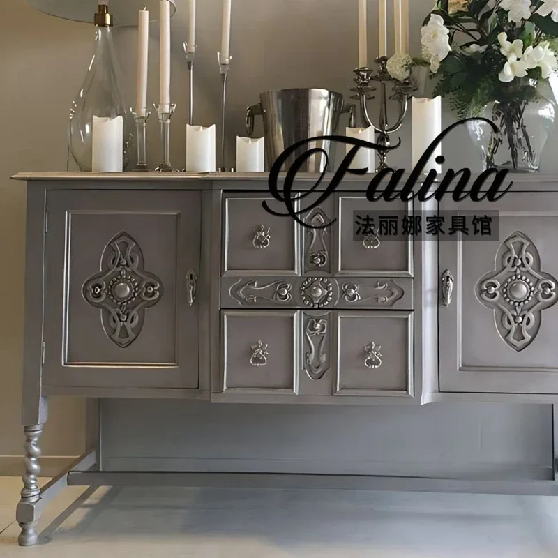 

u W French Retro Wind Solid Wood Carving Flower Entrance Cabinet, Facing The Door Against The Wall, Living Room Dining Side Cabi