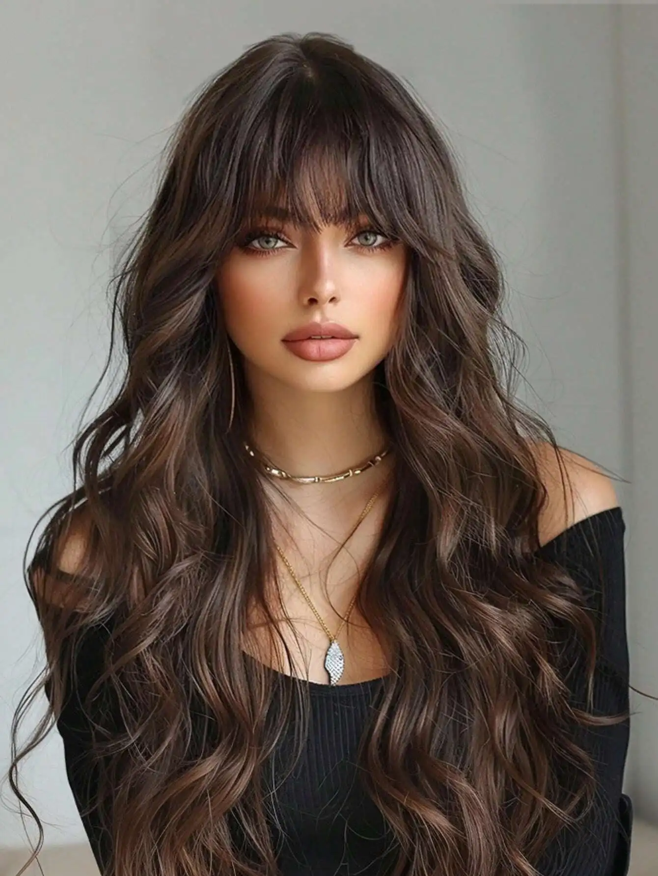 26-inch and 30-inch long wavy wig with bangs, brown loose extra long wavy wig, women's synthetic wig