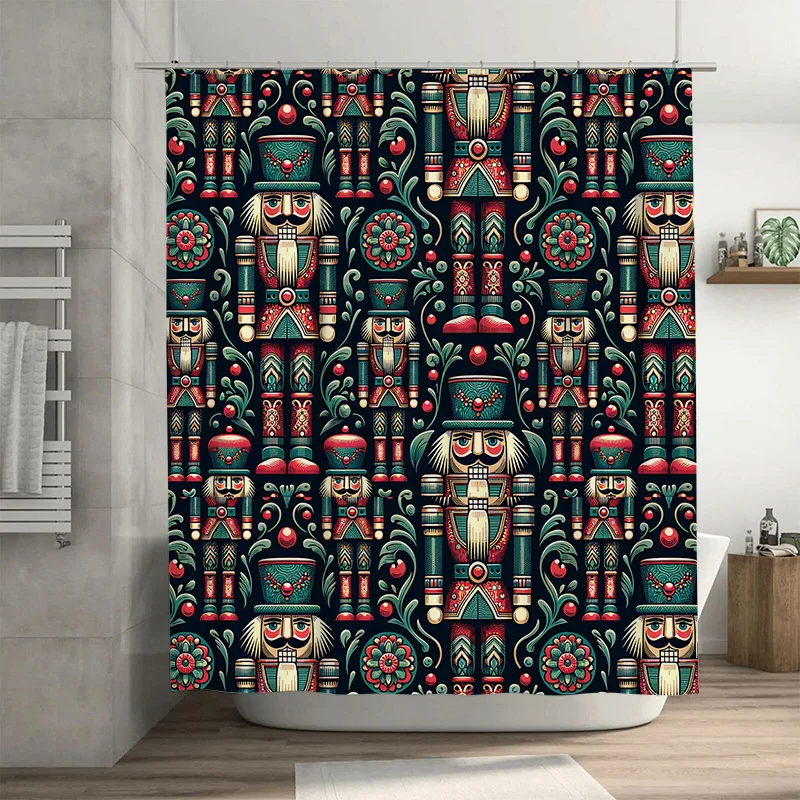Classic Nutcracker Soldier Shower Curtain, Red and Green Repeating Pattern for a Traditional Christmas Fairy Tale Bathroom