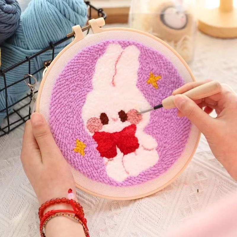 Kids Children Carrton Rabbit Animal Poke Punch Kit Wool Yarn Embroidery Punch Material Kit For Beginner Handmade Gift Wholesales