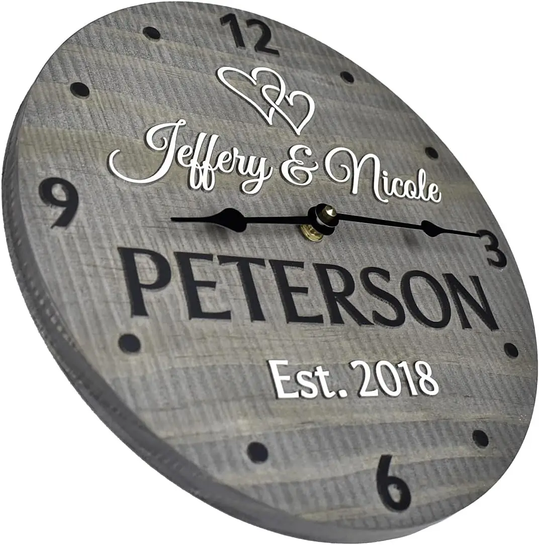 

Custom 11 Inch Wooden Wall Clock with Couple's Names and Established Year