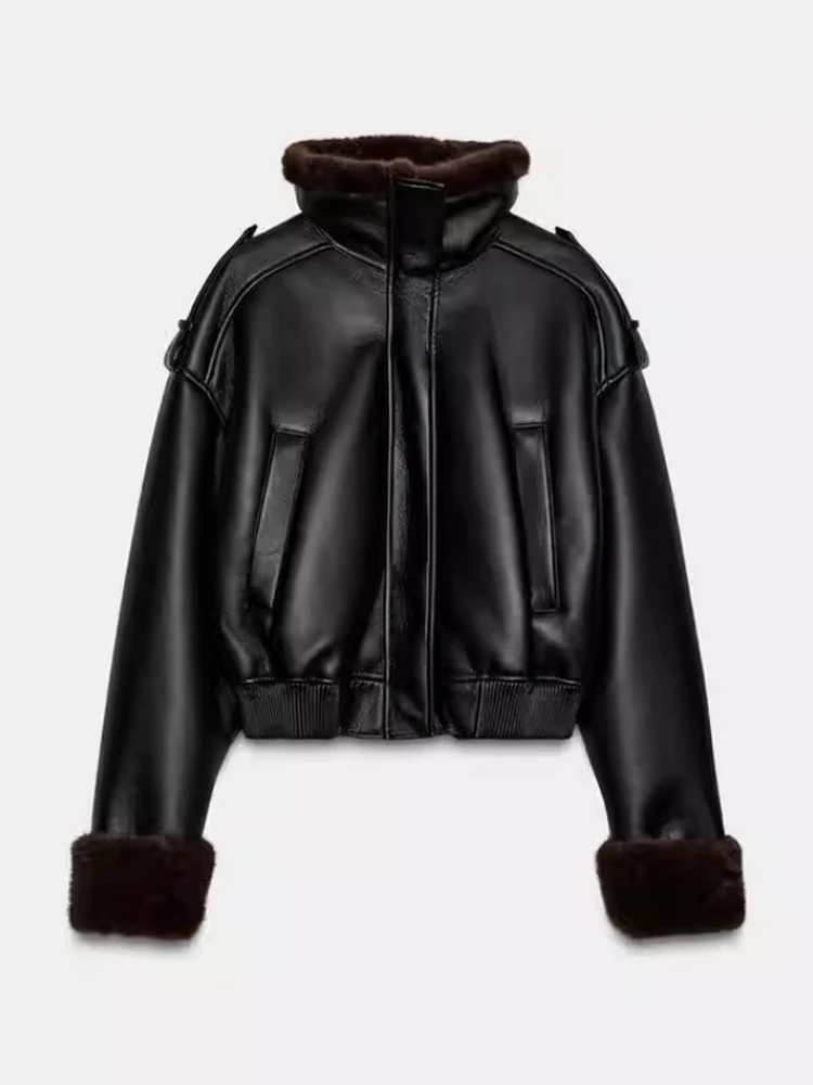 

Double-Sided Faux Leather Motorcycle Jacket Women's Pilot Coat Autumn Winter New Arrival Casual Loose Fit Long Sleeve Zipper