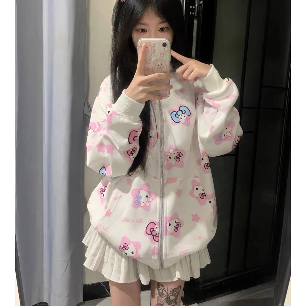 New Cartoon Sanrioed Hellokitty Cardigan Zip Hooded Sweatshirt Cute Kittys Printing Spring and Autumn Thin Coat Tops Anime Gift