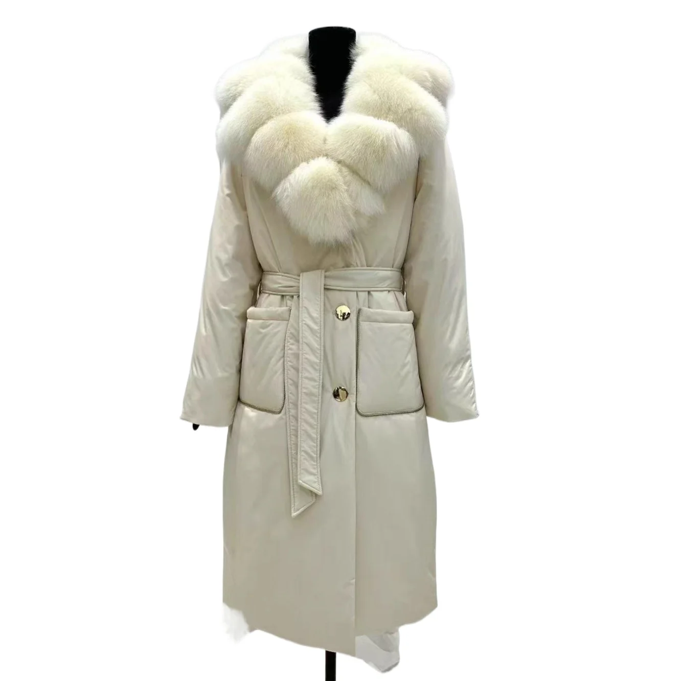 

Зимняя новинка 2025: женское удлиненное пальто-пуховик с кружевной отделкой на талии и воротником из меха лисы, на белом утином пуху