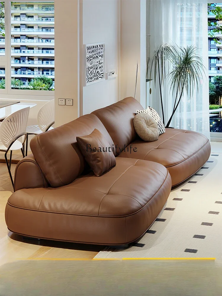 FGLeather sofa brown retro straight row modern simple first layer cowhide creative sofa