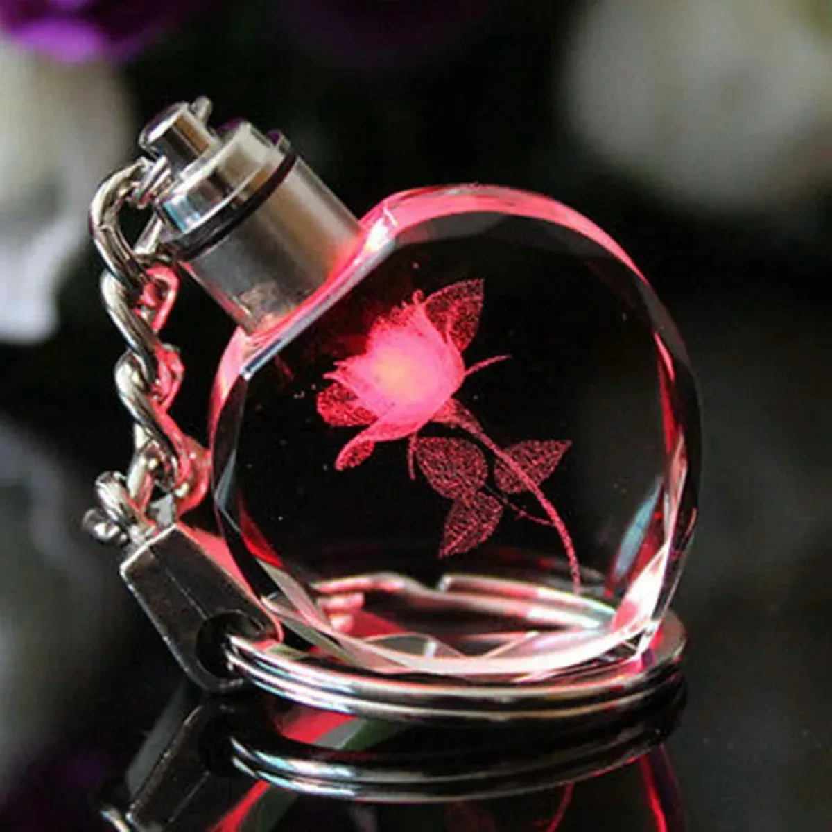 LED Light-Up Crystal Heart Keychain, 3D Rose Engraved Glowing Bag Charm, Romantic Gift for Her image 3