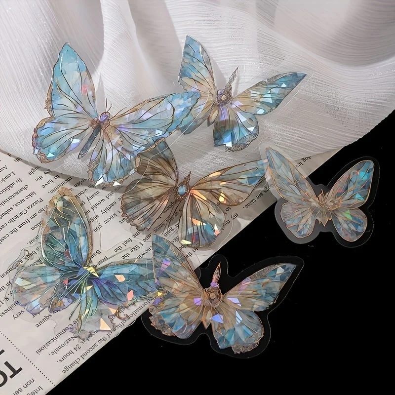 20pcs Crystal Laser Butterfly Waterproof PET Stickers for Scrapbooking DIY Decorative Collage Journaling Craft