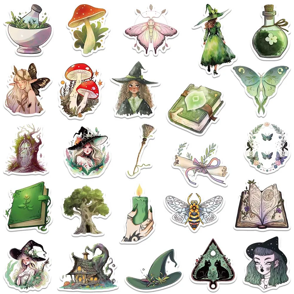 50PCS Green Witch Magic Goth Vinyl Stickers Decals for Water Bottle Laptop Skateboard Scrapbook Luggage Kids Toy