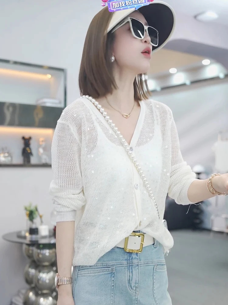 Chic Knitted Open Cardigan Sweater Women Summer Thin Long Sleeve UV Protection V-Neck Top Fashionable Loose Fit Sparkling