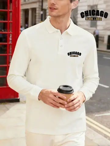 เสื้อโปโลพิมพ์ลายชิคาโก้ แบล็คโกลด์ แฟชั่นใหม่สำหรับผู้ชาย เสื้อยืดลำลองฤดูใบไม้ร่วง เสื้อแขนยาวสไตล์สตรีท ผ้าเนื้อนุ่ม สวมใส่สบาย