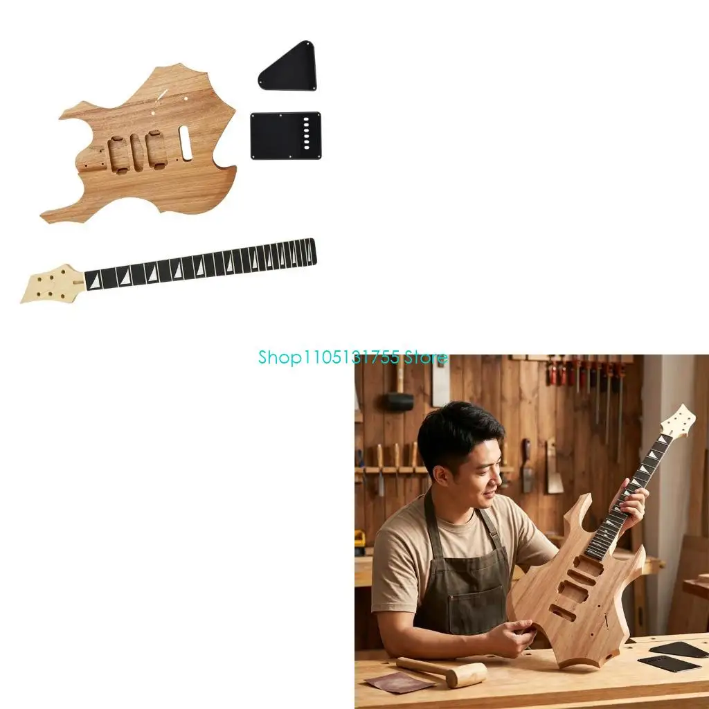 K0EF Guitar Replacement Body and Neck Set Unfinished Wood Parts with Cover Plates for DIY Build Repair Modification and Finish
