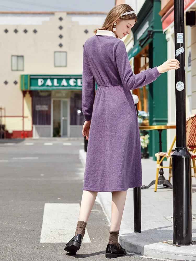 I BELIEVE YOU Autumn Women's Knitted Dress 2022 Turn-down Collar Patchwork Lantern Sleeve Aline Solid Female Vestidos 2204093510