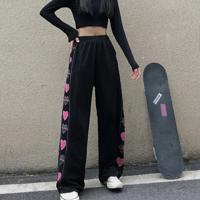 GIDYQ-pantalones de chándal con estampado de corazón para mujer, ropa de calle Y2k, Harajuku, informal, recto, coreano, suelto, cintura elástica, pierna ancha