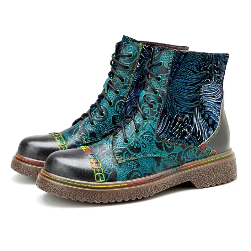 

Women Boots Lightweight Ankle Boots Printed stitching ZIP Genuine leather Appliques Retro Shoes For Women Peacock Green
