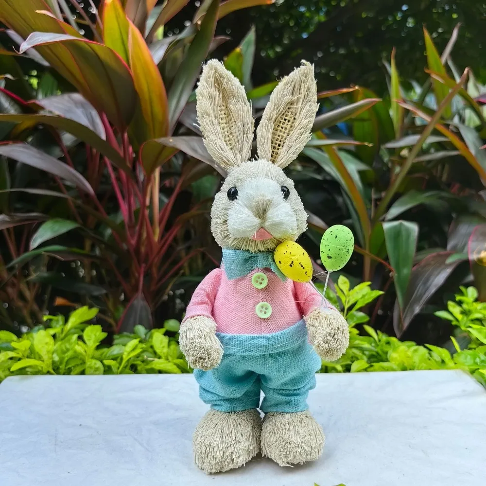 New High-25cm Straw Rabbits Handmade Hand Weave Garden Statues Gift Photography Props Standing Rabbits Easter Party