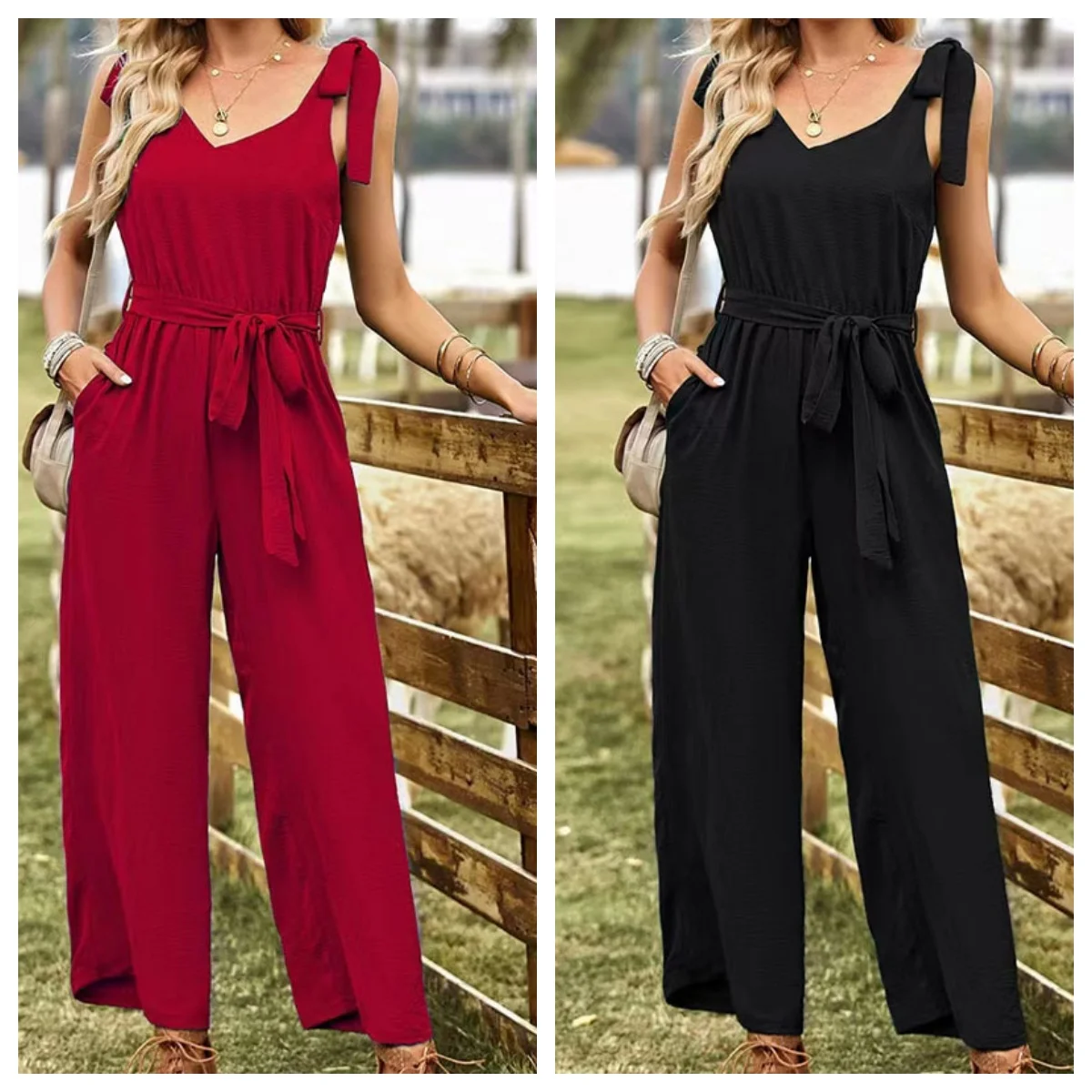 

Spring/Summer fashion women's romper suspender Solid color loose romper women's wide leg pants new