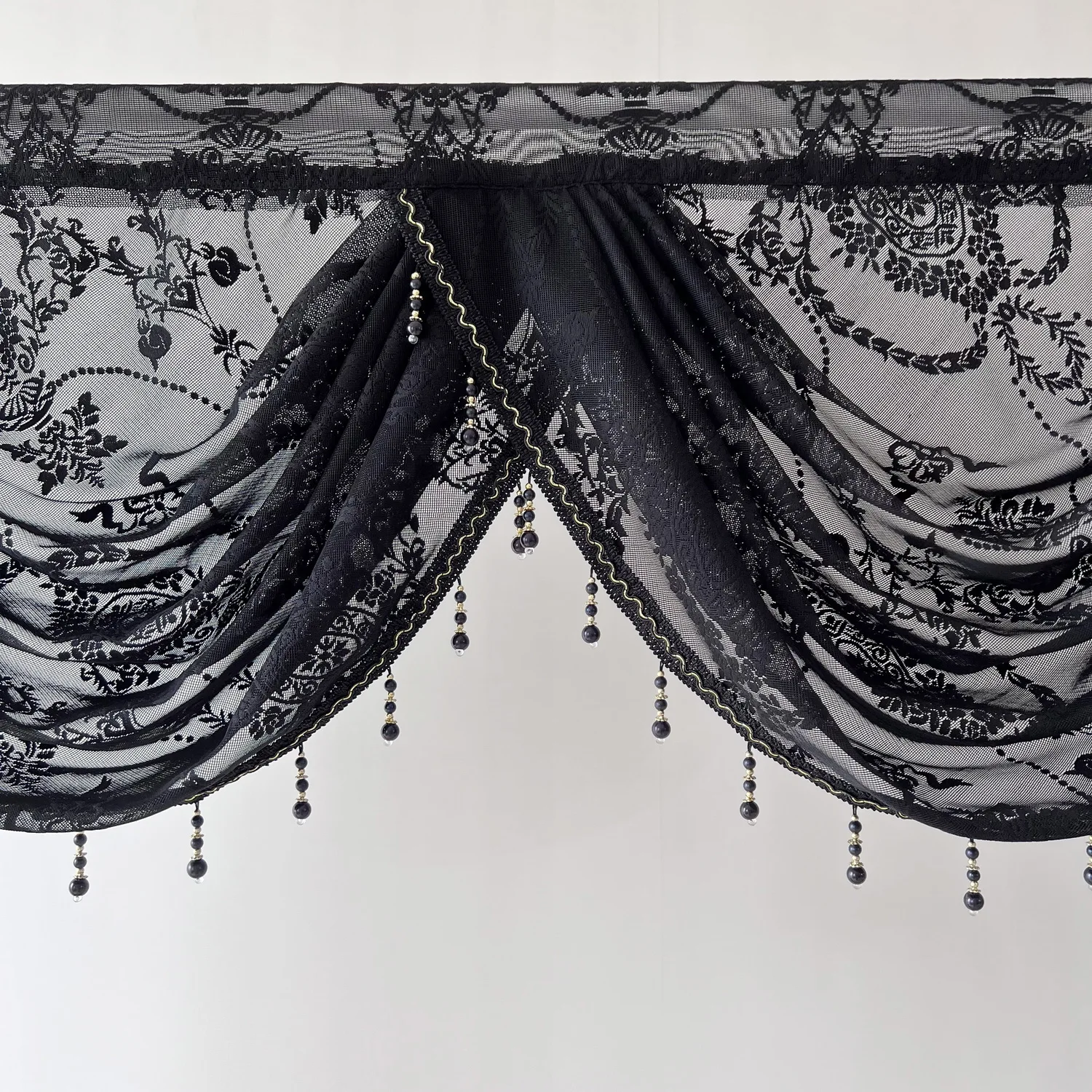 Floral Beaded Waterfall Valance for Bedroom, Semi Sheer, Decorative Tassels Trims, Rod Pocket Top, Black