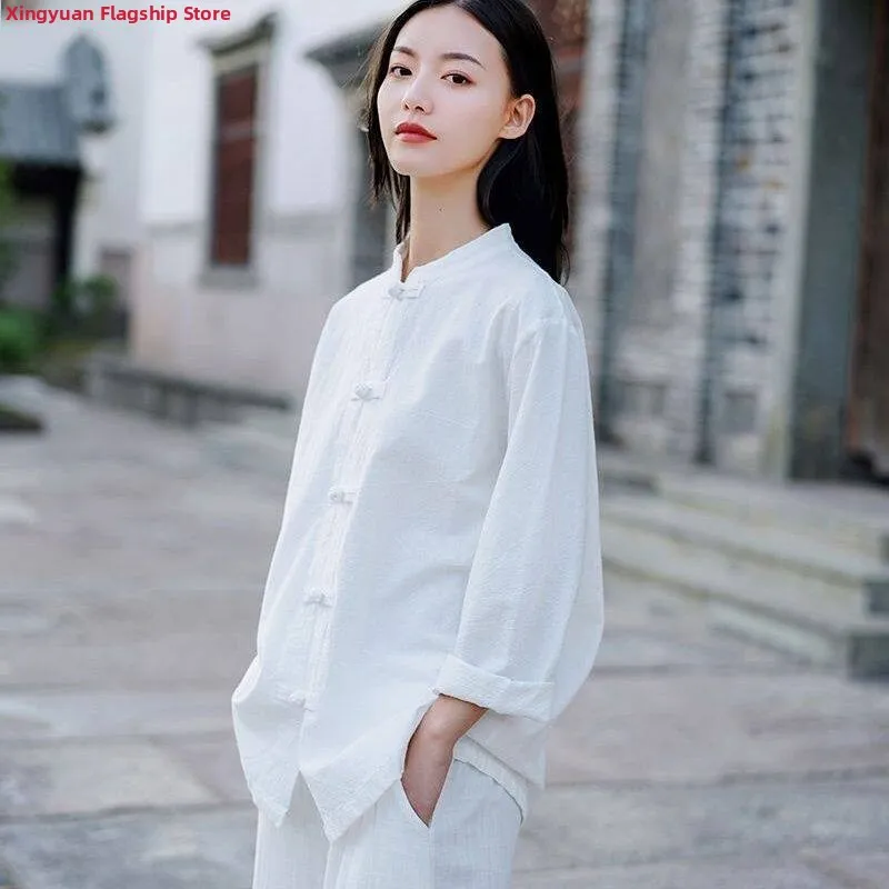 

Women's Cotton Linen Shirt Buttoned Tea Costume Short Sleeve Stand Collar Zen Meditation Tai Chi Uniform New 2025 Style