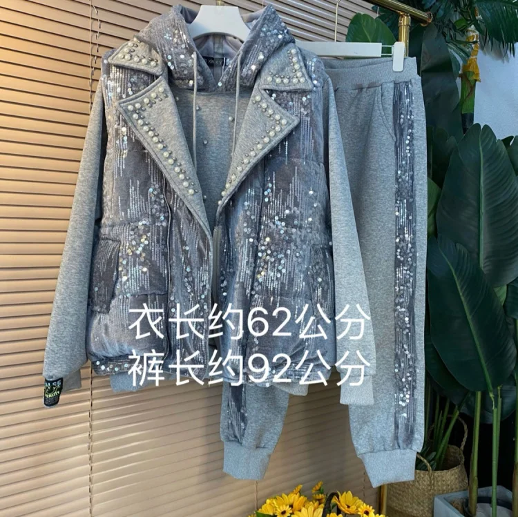 European Winter Large Size Women Fashion Beaded Sequin Sweatshirt Pants Plush Vest Three-piece Sets Heavy Industry Hooded Tops