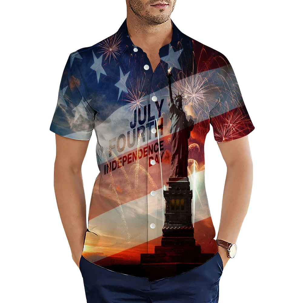 HXAmerican Flag Men's Shirts Independence Day Statue of Liberty 3D Printed Casual Shirt Short Sleeve Shirts Men Clothing