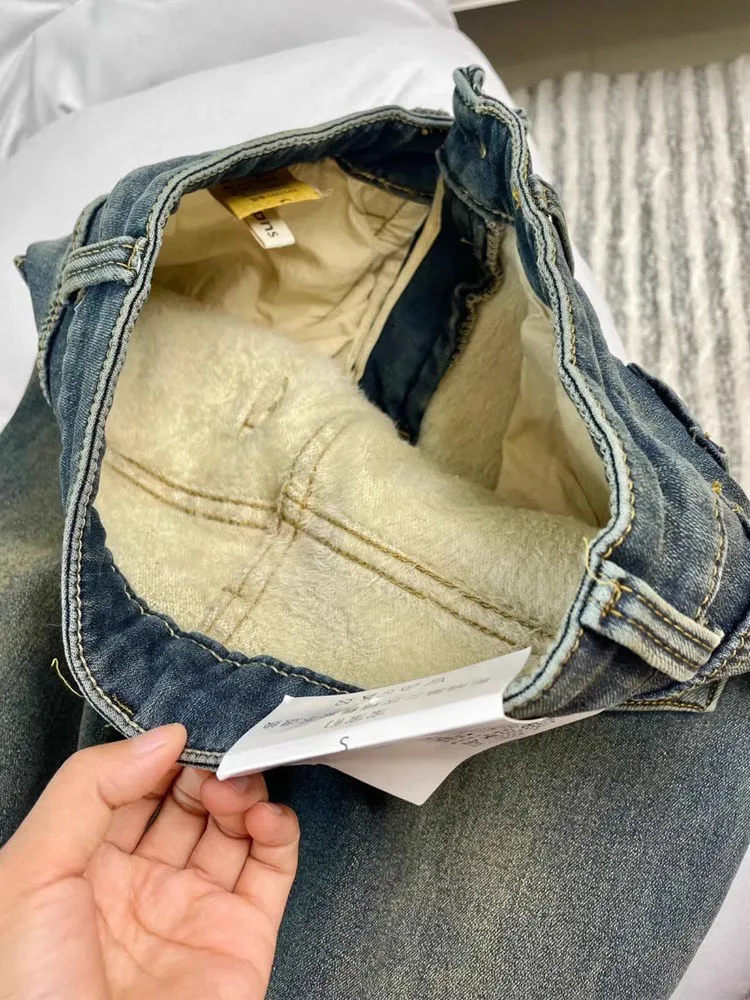 Retro azul Fce forrado Thiened Micro pantalones vaqueros acampanados mujer primavera otoño talla grande ocultar cadera adelgazante Bell Bot