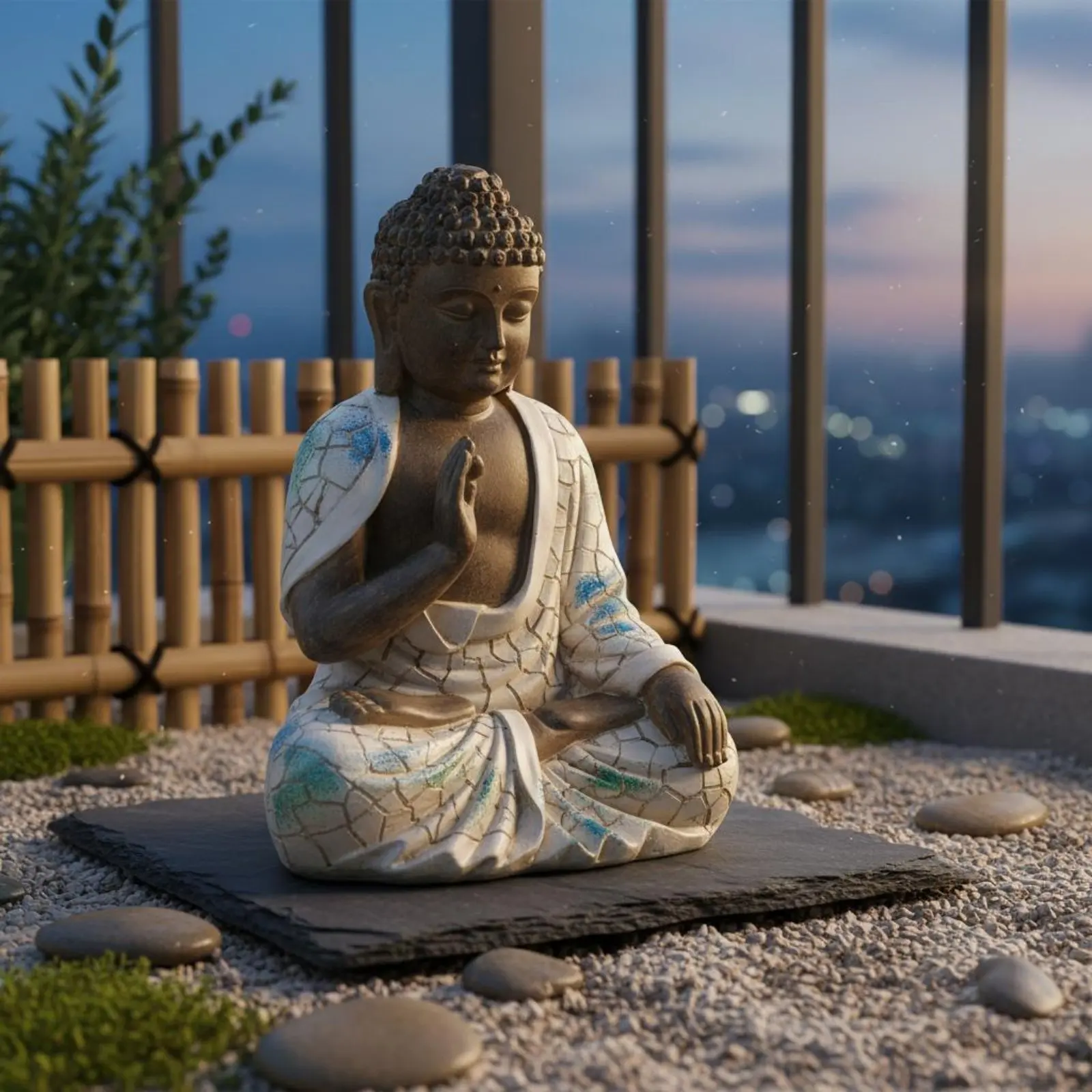 Blue and White Buddha Figurine Peaceful Ambiance Seated Buddha Decor Artisanal Glass Inlays for Balcony
