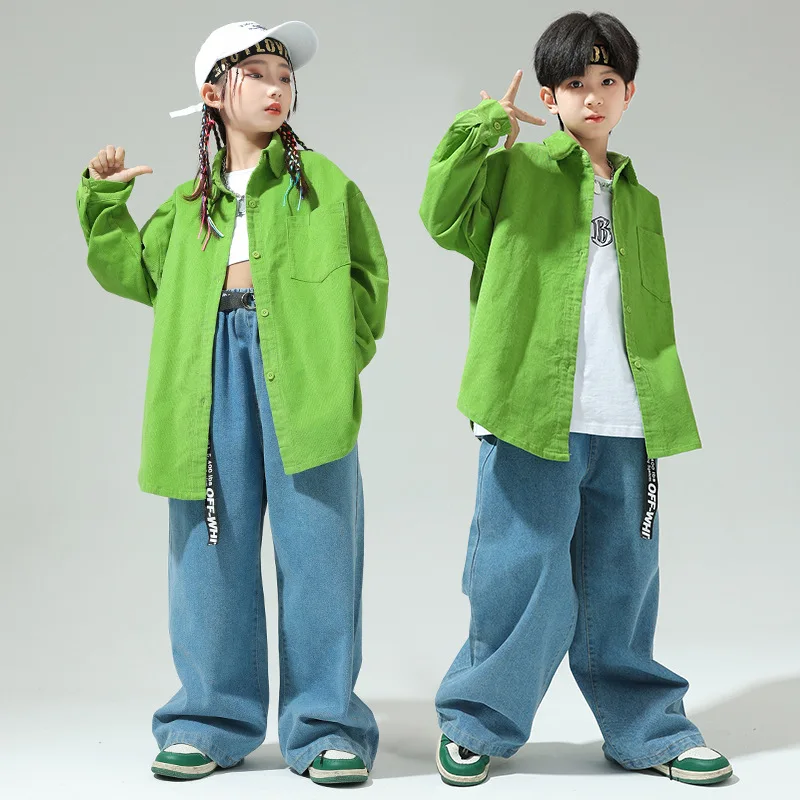 

Kids Hip Hop Jazz Clothes Sets Long Sleeve Solid Shirt + Loose Jeans Teen Boys Street Dance Costumes Girls Jazz Performance Suit