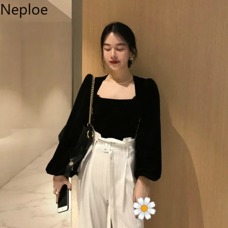 Neploe Retro Gold Velet Square Collar Puff Long Sleeve Short T Shirt Solid Slim Fit Temperament Autumn Spring New Tee 2024