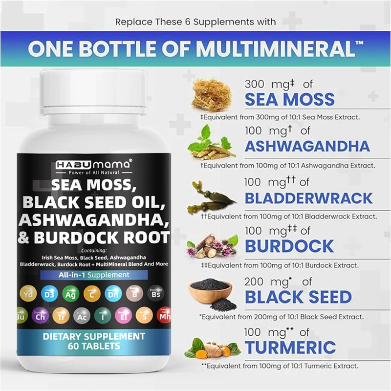 Sea Moss Black Seed Oil 2000mg Ashwagandha 1000mg Turmeric 1000mg Bladderwrack 1000mg Burdock & Vitamin C & D3 Men Supplement