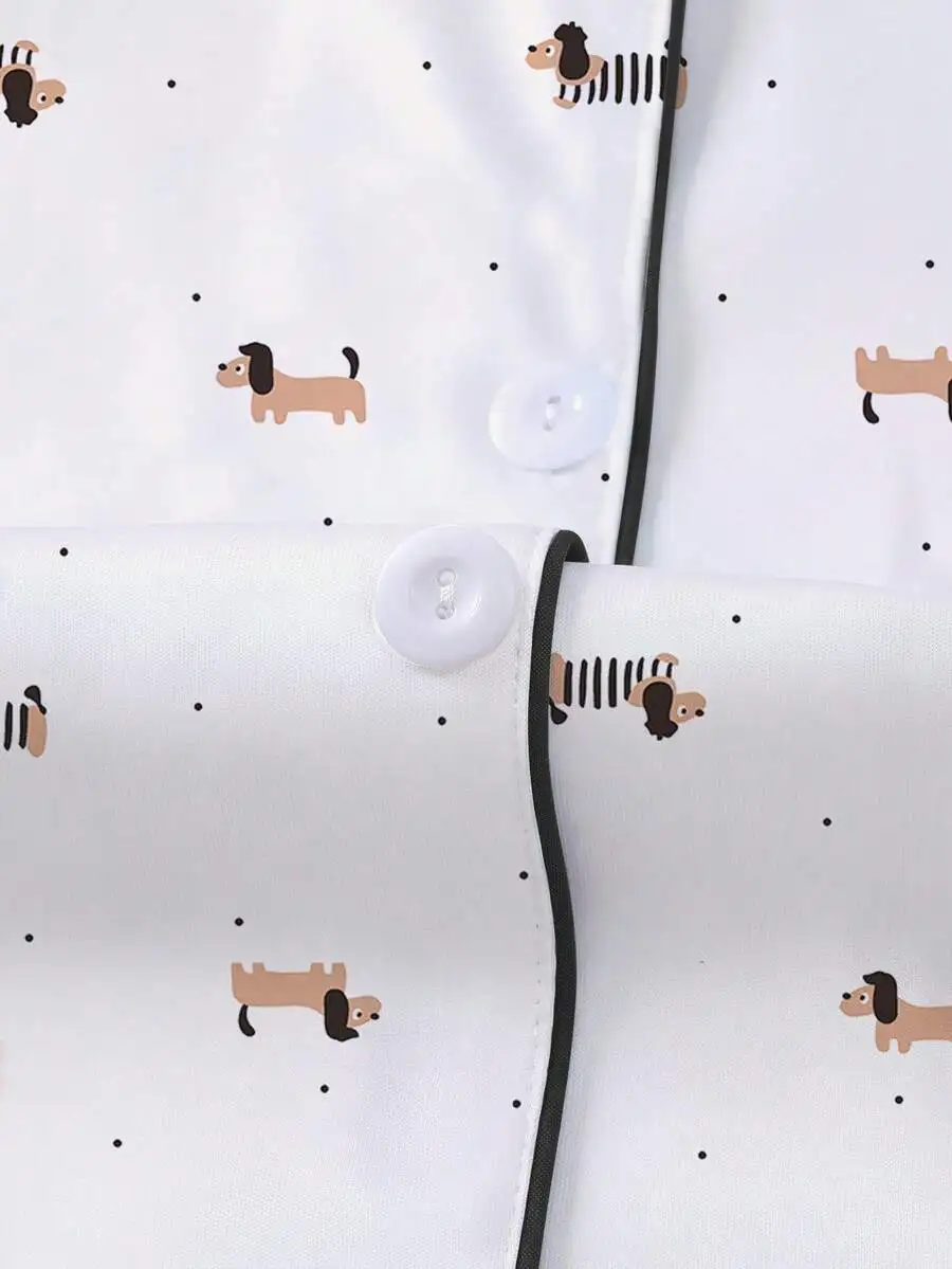 Women Pajama Set Cartoon Dachshund Print Short Sleeve Top Elastic Waist Shorts Sleepwear