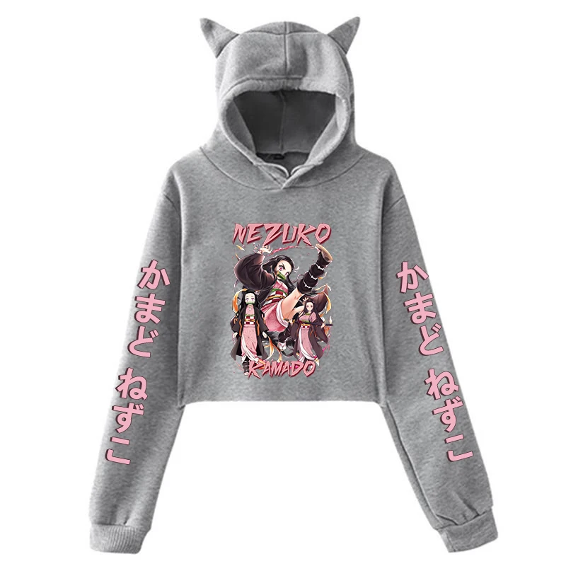 Hot Women Long Sleeve Hoodies Anime Kamado Nezuko Print Cat Ears Hoodie Y2k Casual Pullovers Crop Top Sweatshirts Female Clothes