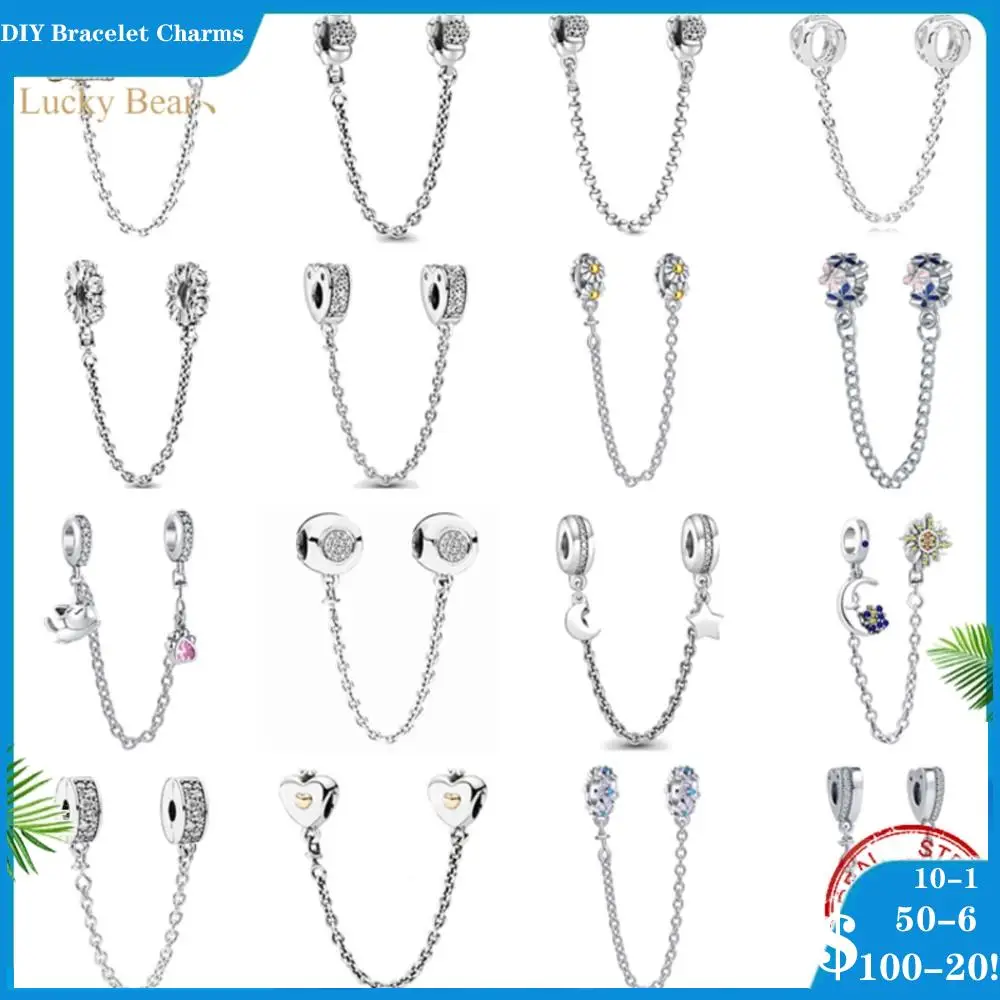 

NewSilver 925 Safety Chain Cat Butterfly Moon Flower Crown Bead Fit Original Pandora Bracelet Charms Beads For Women DIY Jewelry