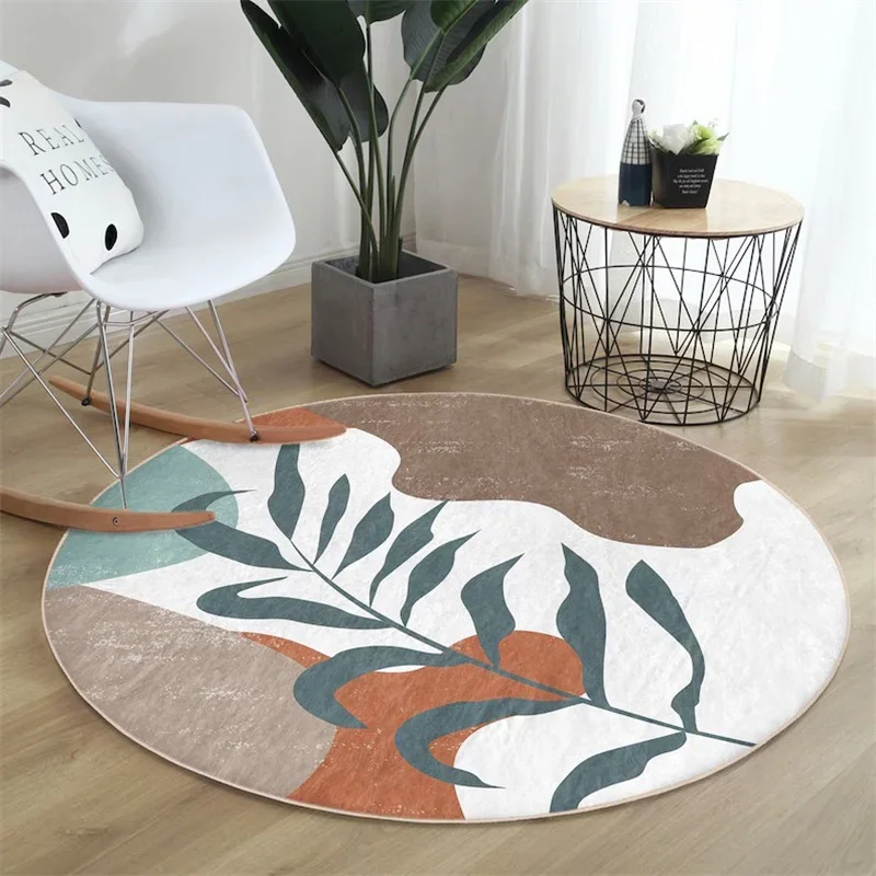 Boho Round Rug – Colorful Abstract Non-Slip Carpet with Pink Geometric & Plant Motifs for Living Room