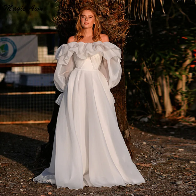 

Magic Awn Beach Wedding Dresses Off The Shoulder Detachable Puffy Long Sleeves Boho A-Line Organza Bridal Gowns Lace-Up Back