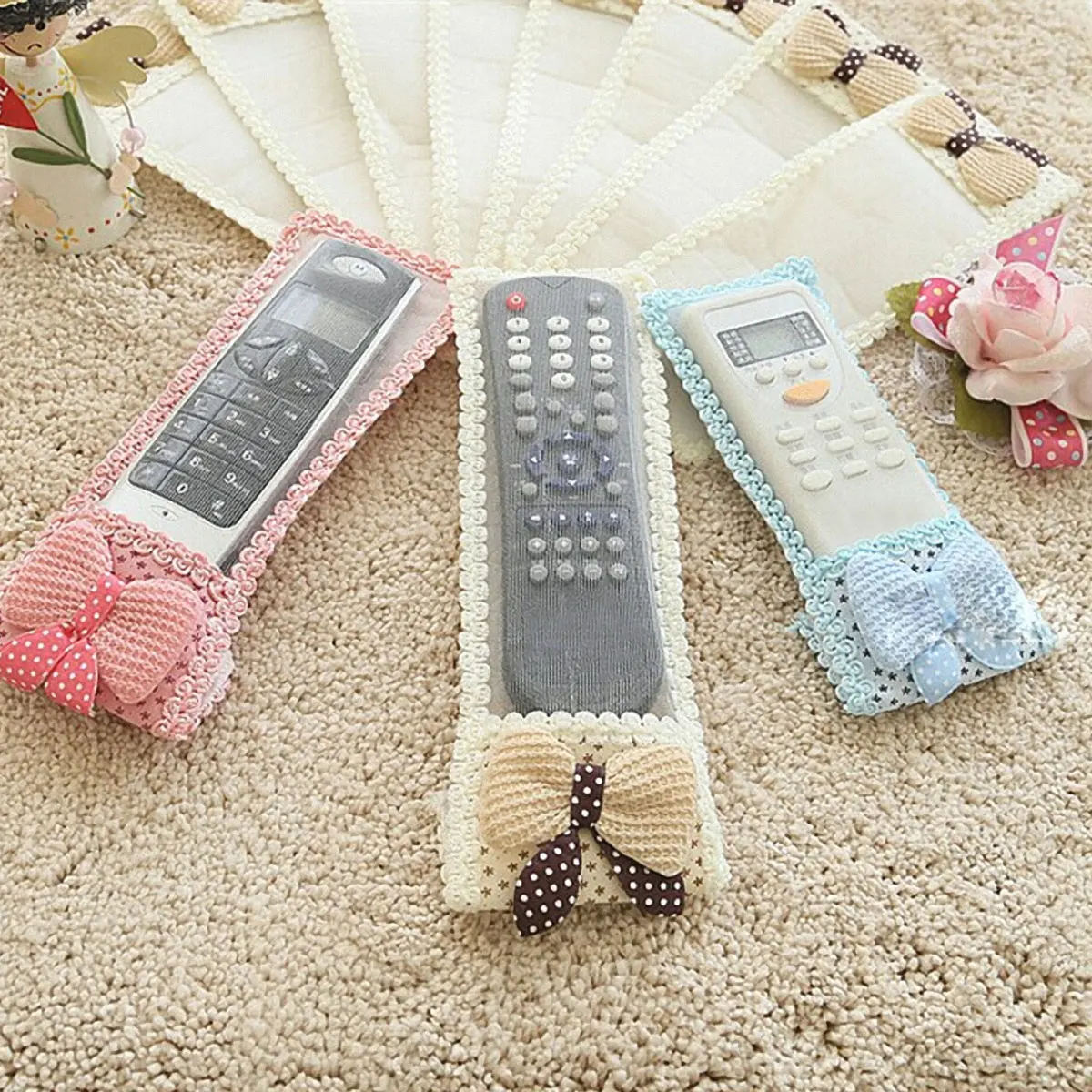 

3pcs Remote Control Cover Dust Protector Bowknot Design Durable Lace Fabric Case For Air Conditioner Transparent Film Easy