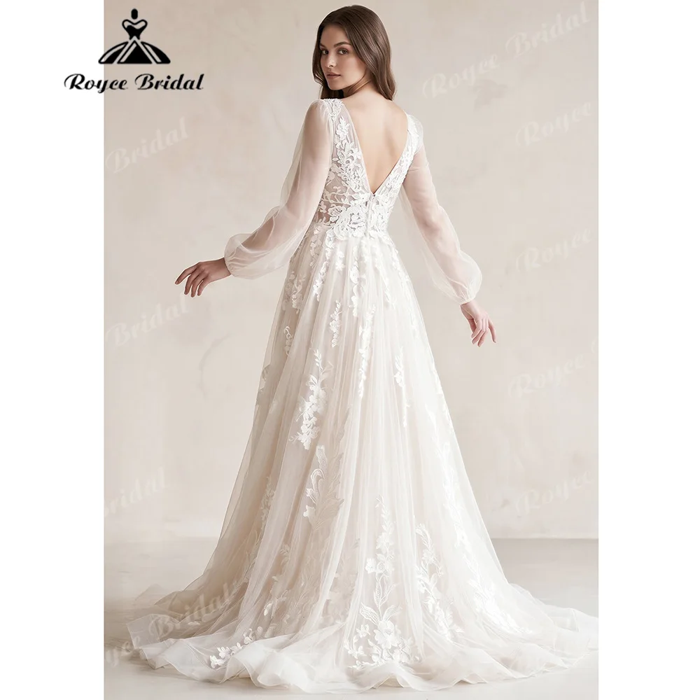 Boho A Line Wedding Dress Long Puff Sleeve V Neck Deep Back Lace Applique Tulle Vintage Vestido De Novia For Outdoor Customized