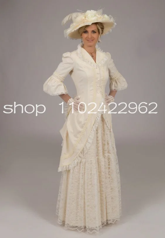 

Vintage Ivory Champagne Victorian Mother Of the Bride Dresses Ruched Lace Stain Half Sleeve Wedding Party Mother Gown Customsize