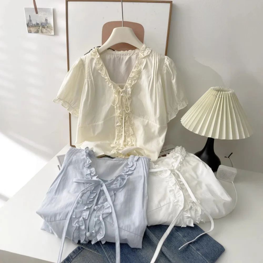 

Sweet Sle Women's ort Sve V-Ne irt Cotton Polyester Casual Faion Summer New Arrival Slimming Top Trendy 576