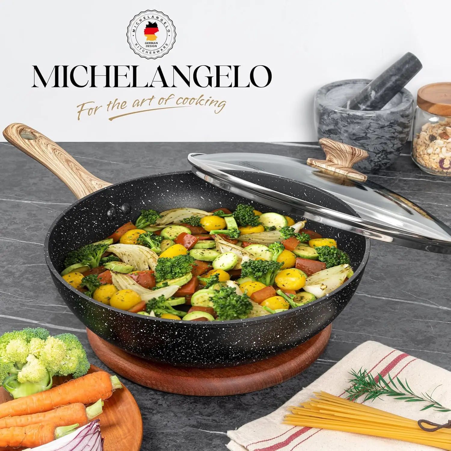 

MICHELANGELO12 Inch Non-stick Frying Pan with Lid with Strainer and Steamer Plate with Anti-Scald Handle Induction Compatible