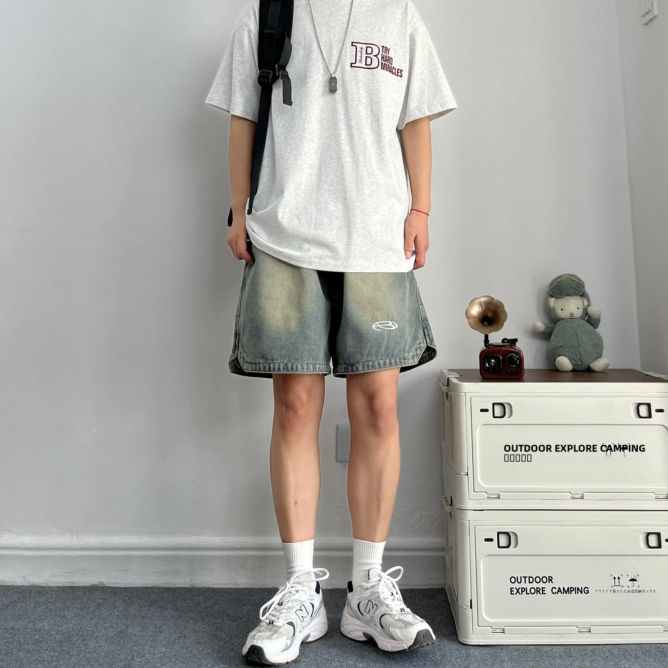 

Мужские свободные джинсы-брюки (пять карманов), винтажные, с эффектом потертости, в рабочем стиле, со звездным узором, в стиле High Street, из смесового хлопка