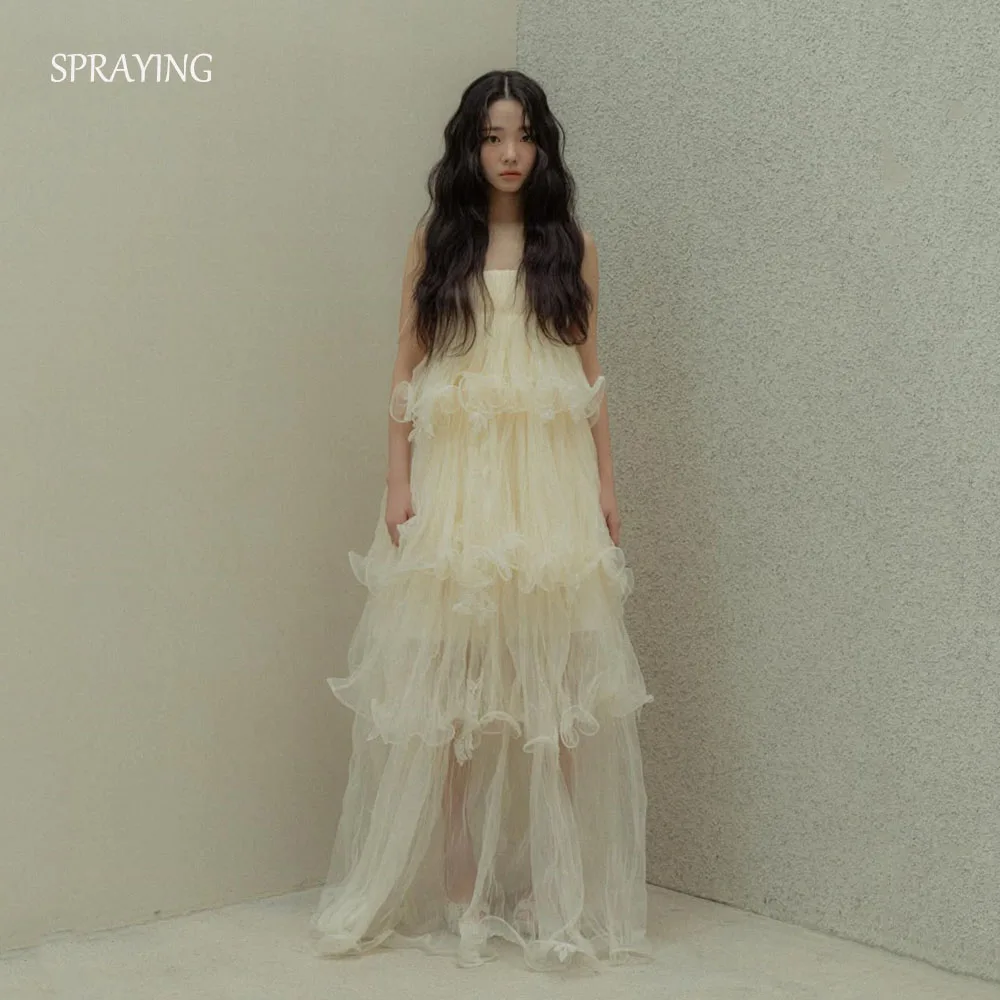 SPRAYING Luxo Bege Tule Vestido de Noiva Coreia Sessão de Fotos Strapless Strap Longo Em Camadas Vestido de Noiva Espartilho Personalizado nnetzo