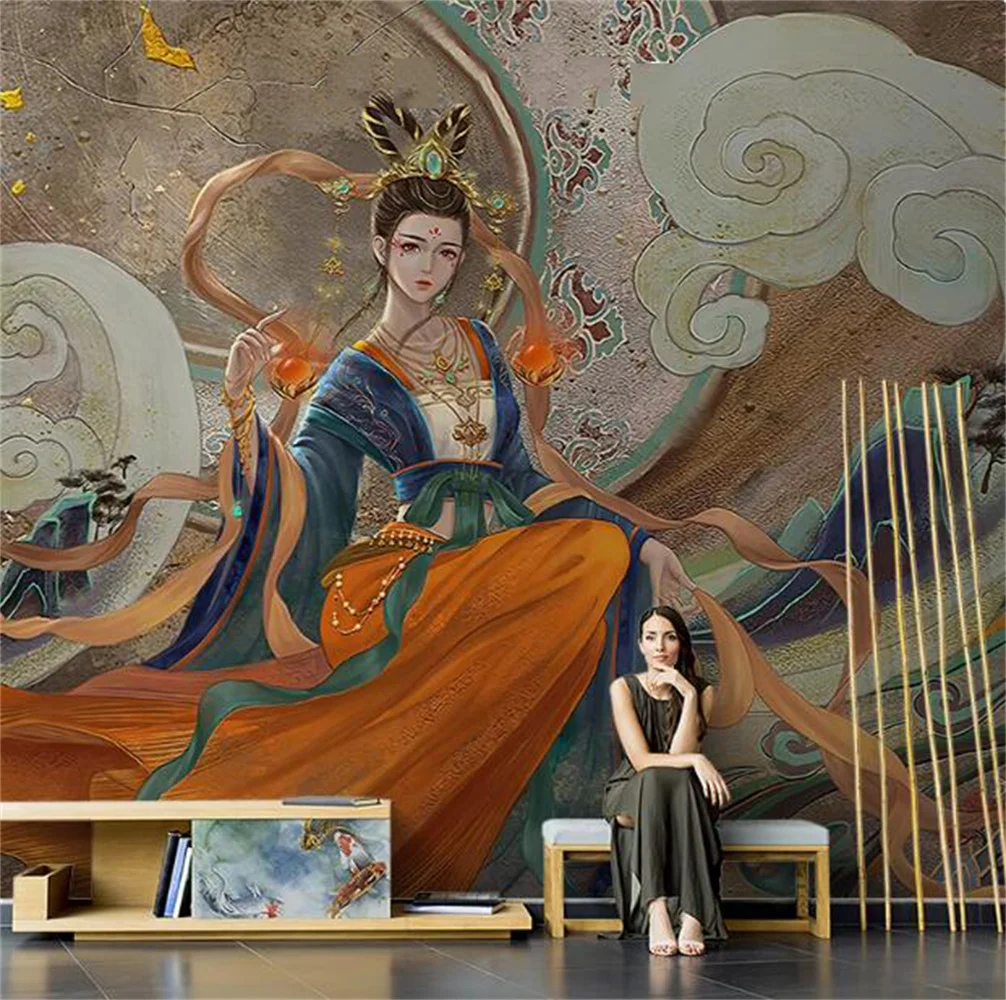 

Chinese hand drawn auspicious cloud fairy jewelry living room TV background wall paper custom mural papel de parede