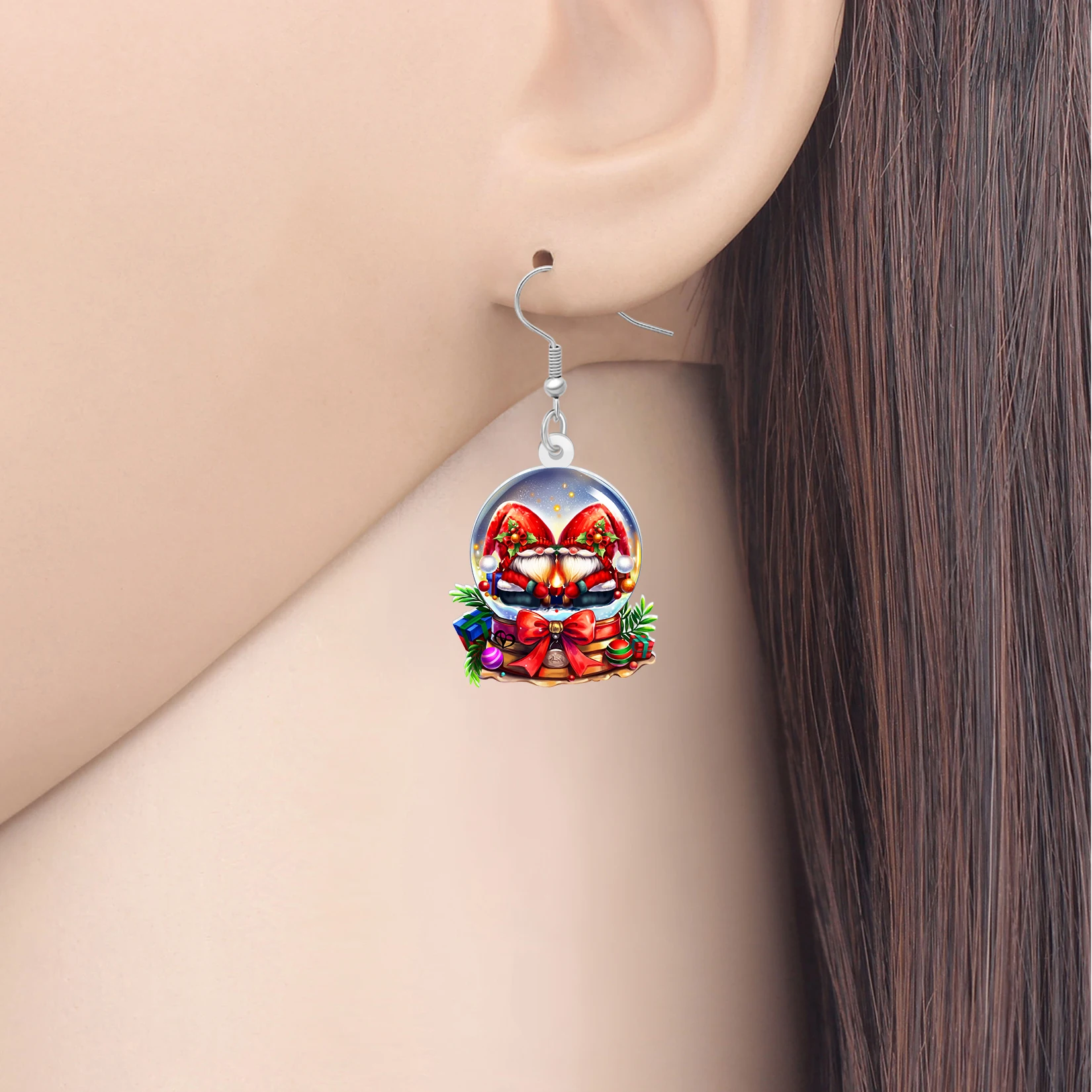 BONSNY Acrylic Christmas Gnomes Snow Globe Earrings Santa Claus Crystal Ball Drop Whimsical Jewelry Gnome Gifts For Wife Women