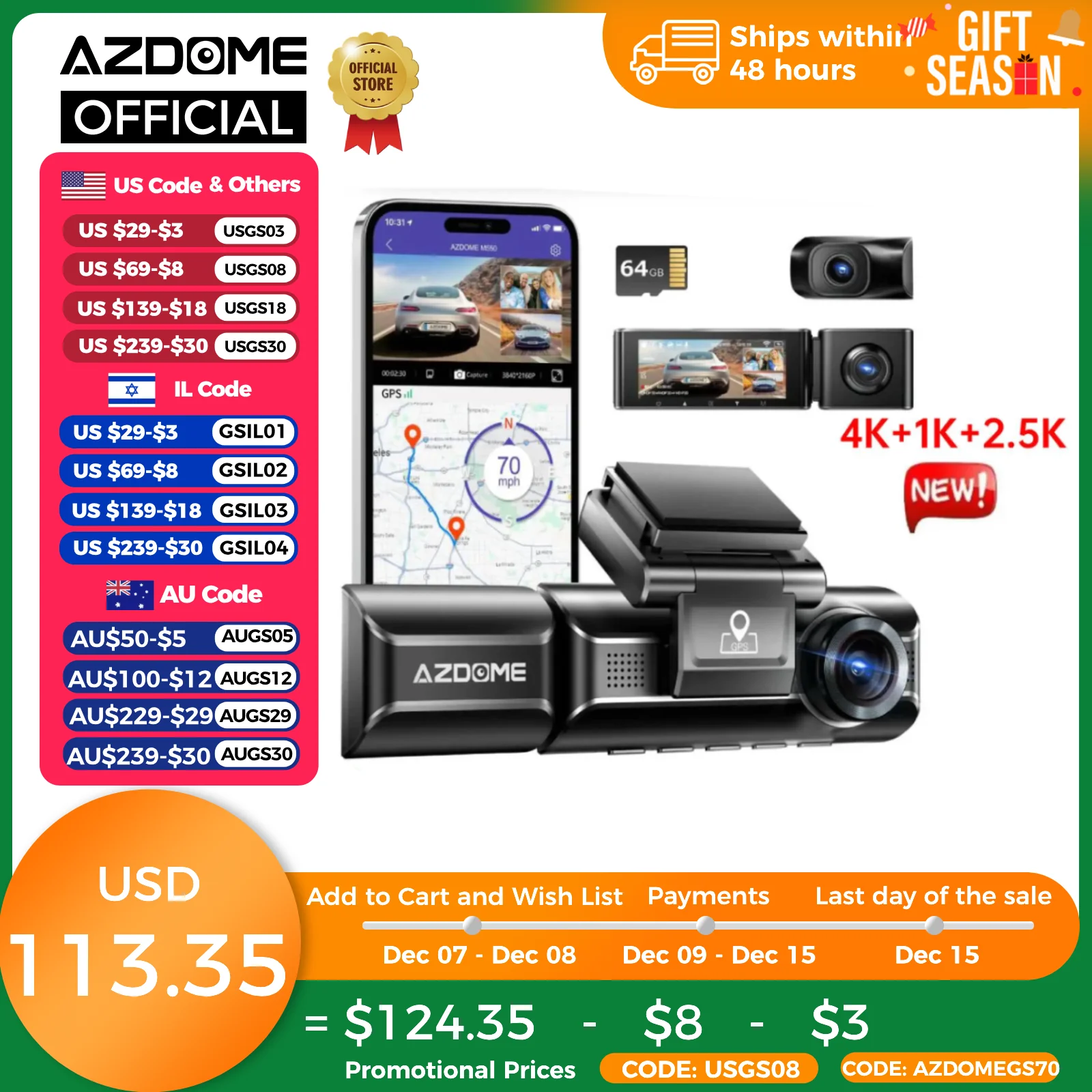 AZDOME 4K Dash Cam M550 Max Built-in GPS Wifi Camera Car DVR 3.18”Screen Night Vision 24H Parking Monitor Support Rear Cam