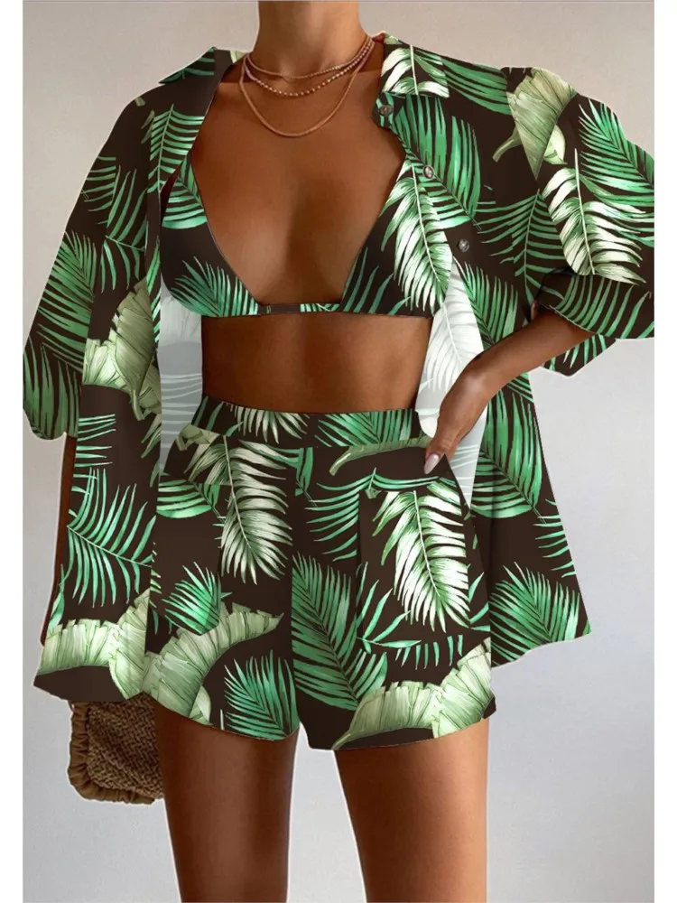 Sexy Lapel Long-sleeved Shirt Top + Suspenders + Shorts Three-piece Set  Women Fashion Printing Casual Elegant Office Suit Female