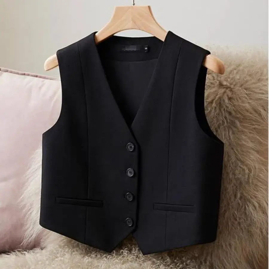 Women Fashion White Black Suit Vest New Short Style Sleeveless Jacket Office Lady V-Neck Casual Lined Blazers Vest Waistcoat