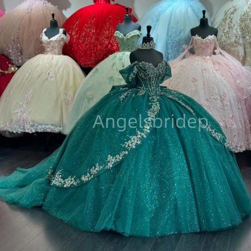 

Angelsbridep Blackish Green Shiny Tulle Tiered Ball Gown Quinceanera Dresses 2025 New Brithday Evening Party Vestidos De Fiesta