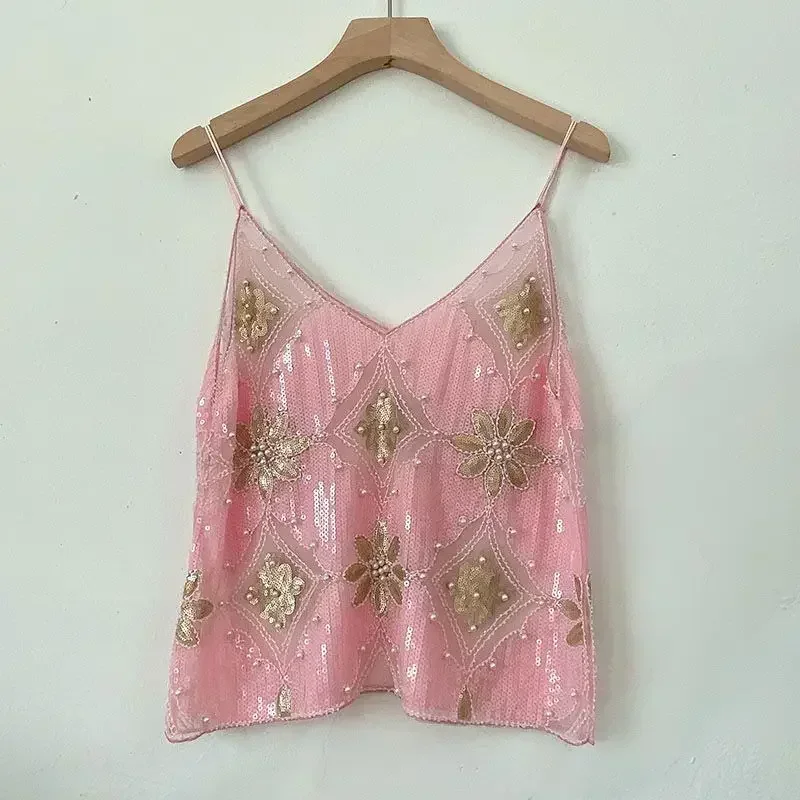 2025 Women's Summer High Quality Sequin Bead Sexy Sling Slim Fit Short V-neck Straight Tank Top Korean Fashion Clothing image 5