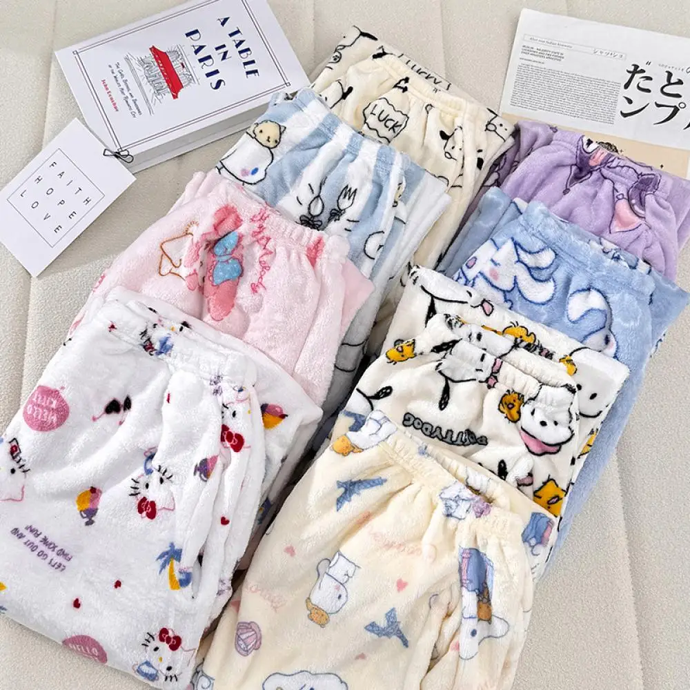 Sanrioed Anime Kuromi Plush Pajama Pants Hello Kitty Melody Women Kt Trousers Kawaii Cotton Winter Keep Warm Thicken Home Pants